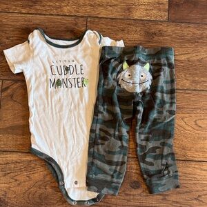 Carter's White and Green 'Little Cuddle Monster' Bodysuit & Camo Pants Set